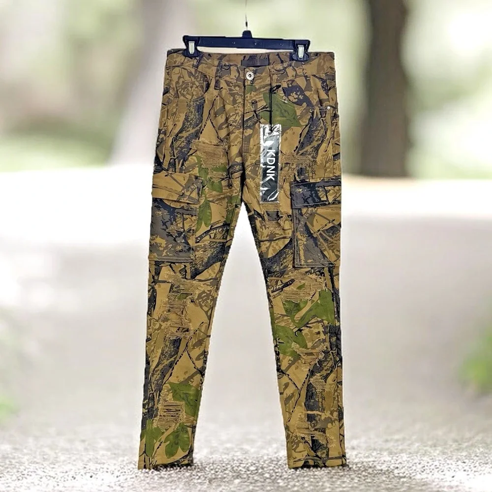 KDNK Mens Forest Camo Brown‎ Pants 32/31.5 Skinny Ripped Patches Outdoor Jeans